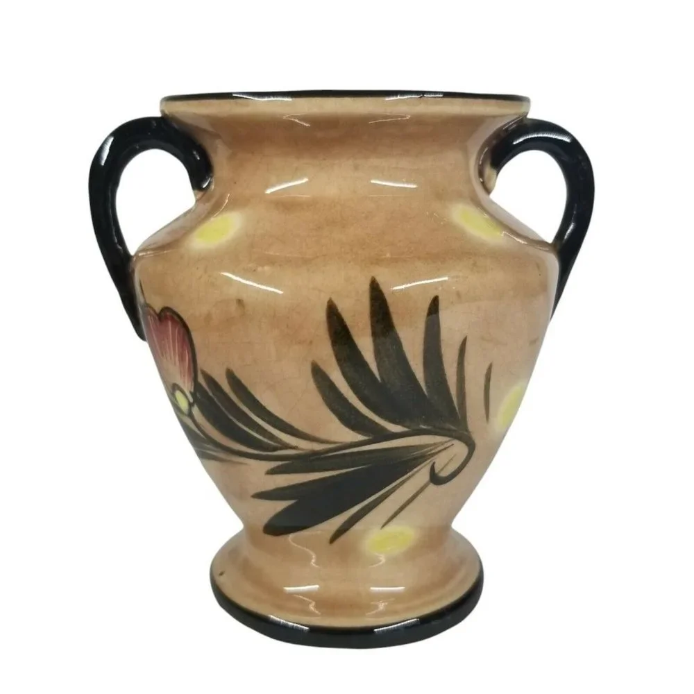 Vintage Double Handle Vase Made In Japan Flowers Floral Black Red Yellow Small